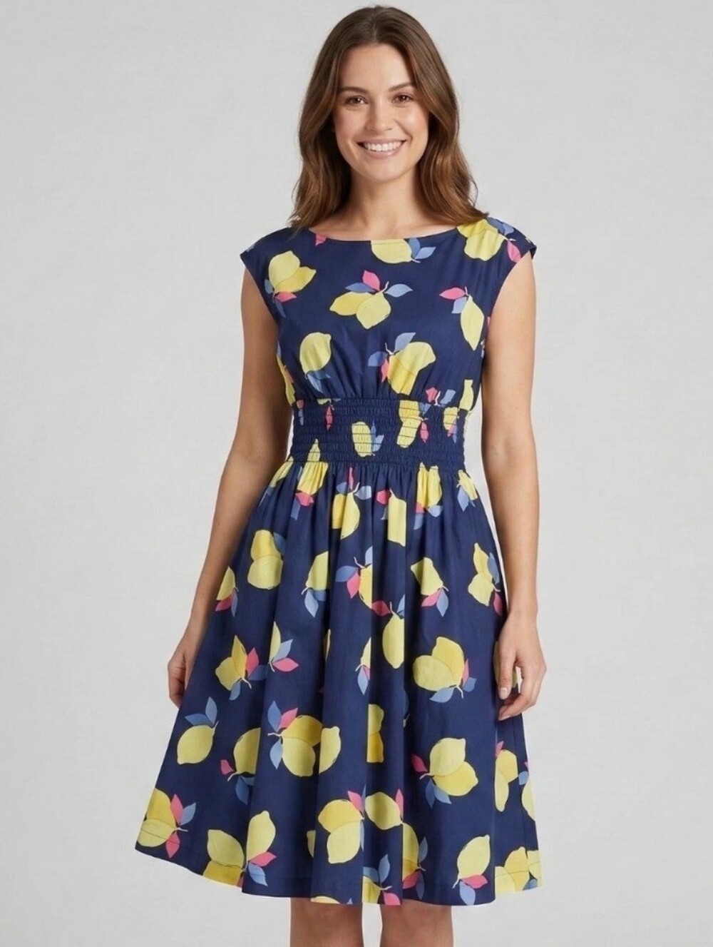 Kate Spade Blaire Lemon Zest Print Dress Navy Blue Cotton Smocked Fit-Flare Sz 6